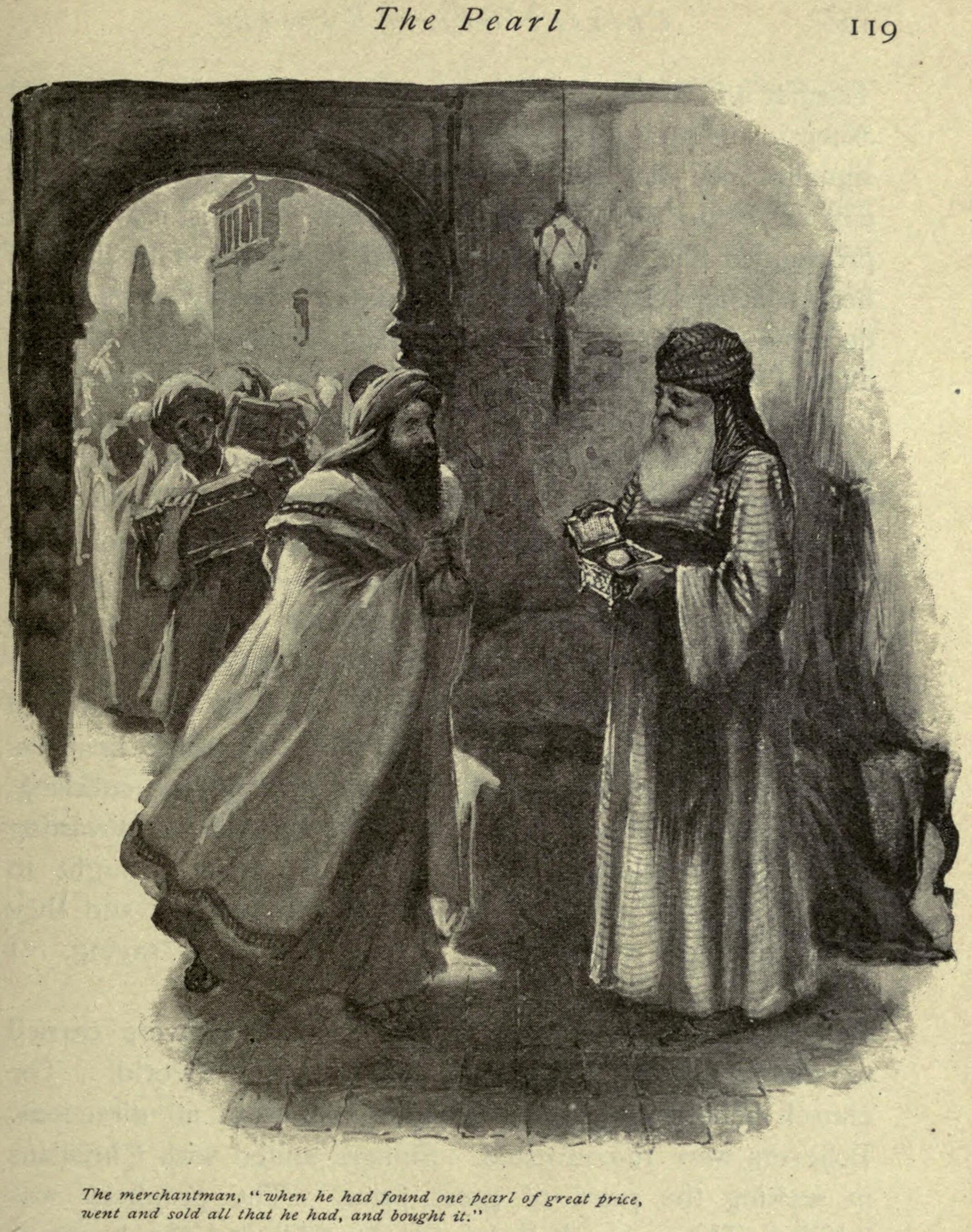 Vintage engraving of a merchant examining a pearl held by a jeweller in a market doorway, illustrating the parable of the pearl of great price.
